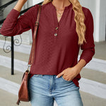 Solid Color V-Neck Buttoned Jacquard Loose-Fitting Long-Sleeved T-Shirt Top