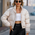 Short Puffer Jacket Stands Up Button Zipper Outerwear