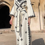 Quiet Atmosphere Linen Blend Ethnic Print Belted Midi Dress