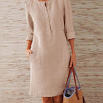Solid Color Pockets Round Neck Long Sleeve Buttons Dress