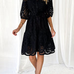 Solid Color Lace Cutout Balloon Sleeves and Waist Tie Mini Dress