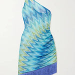 Eline Knit Colorful Zigzag PatternOne Shoulder Ruched Tassle Trim Mini Dress