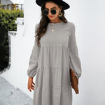 Long Puff Sleeve Shirt Dress Casual Crewneck Loose Fit Sundress Trendy Tiered Layer Summer Mini Dresses