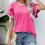 Pom-Pom Trim Flutter Sleeve Round Neck Tee Casual Blouses Tops