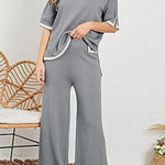 Lounge or Casual Wear Knit Patchwork Color Block Short Sleeve Top and Elastic Wide Leg Pants