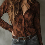 Vintage Rose Pattern Brown Button-Down Shirt