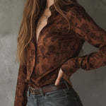 Vintage Rose Pattern Brown Button-Down Shirt