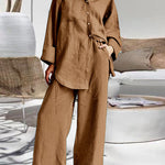 Nadorine Casual Retro Two-Piece Sets Long Sleeve Loose Shirt and Elastic Waist Wide Leg Pants
