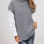 Turtleneck Sleeveless Cable Knitted Tank Tops Casual Loose Solid Sweater