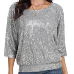 Solid Color Sequined Loose Round Neck Casual Top