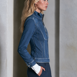Modern Chic Stand Collar Zip Up Contrast Stitch Fitted Denim Jacket