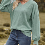 V-Neck Solid Color Twisted Knit Long Sleeve Loose T-Shirt Tops