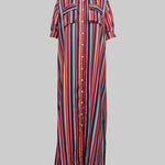 Long Sleeves Loose Split-Joint Striped Lapel Maxi Dresses Shirt Dress