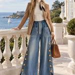 Vintage Chic Drawstring Gold Button Side Slit Wide Leg Jeans