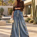 Vintage Chic Drawstring Gold Button Side Slit Wide Leg Jeans