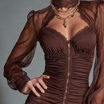 Retro Elegant Chocolate Sheer Sleeve Ruched Satin Mini Dress