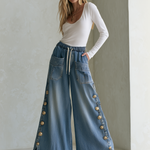 Vintage Chic Drawstring Gold Button Side Slit Wide Leg Jeans