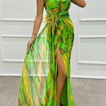 Amazing Views Watercolor Print Feather Rose Detail Off Shoulder Pleated Slit Maxi Dress