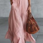 Casual Retro Western V-neck Front Button Short Sleeve Pink Cotton Linen Shirt Maxi Dress