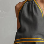 Elegant Color-Block Trim Orange Cotton-Linen Halter Sleeveless Mini Dress