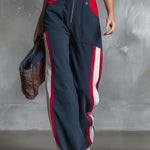 Retro Fahsion Sports Front Zipper Contrast Dark Blue Cotton Overalls Jumpsuit