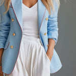 Vintage Sky Blue Linen-Blend Double-Breasted Blazer