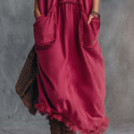Vintage Casual Sporty Hooded V-neck Front Zip Lace Trim Sleeveless Raspberry Red Cotton Maxi Dress