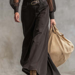 Vintage Western Front Button V-Neck Transparent Long Sleeve Black Denim Maxi Dress