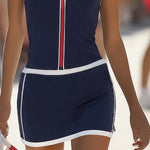 Fashion Retro Lapel Zipper Navy Blue Sleeveless Mini Dress