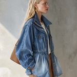 Vintage Utility Faded Wash Cinched Waist Zip Up Peplum Denim Jacket