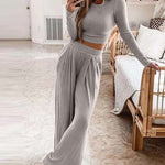 Two Pieces Sets Long Sleeve Crop Thread Top Casual High Waist Wide Leg Pants