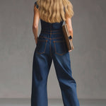Casual Retro Multi-pocket Topstitching Dark Blue Denim Sleeveless Balloon Jumpsuit
