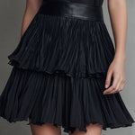 Chic Black Eco Leather & Pleated Chiffon Tiered Skirt Mini Dress