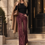 Retro Boho Burgundy Leopard Print Studded Pocket Low Rise Flare Jeans