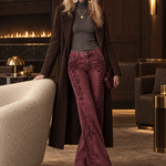 Retro Boho Burgundy Leopard Print Studded Pocket Low Rise Flare Jeans