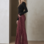 Retro Boho Burgundy Leopard Print Studded Pocket Low Rise Flare Jeans
