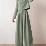 Lounge Set Casual Long Sleeve Crop Pullover Top High Waist Wide Leg Pants Two Pieces Suits