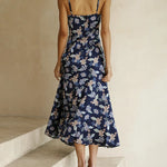Spaghetti Strap Midi Dresses Sexy Deep V Neck Backless Floral Print Side Slit Maxi Dress