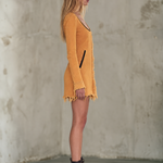 Boho Chic Mustard Frayed Fringe Scoop Neck Long Sleeve Denim Mini Dress