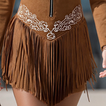 Vintage Western Style Embroidered Tassel Long Sleeve Brown Suede Mini Dress