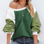 Nadorine Colorblock Bishop Sleeve Sweatshirt Plush Stitching Jumper Crop Top