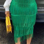 SOLID COLOR HIGH WAIST ELASTIC WAIST PLEAT FRINGED SKIRT