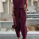 Leva Linen Blend Drawstring Short Sleeve Top and Elastic Waist Pocket Loose Tapered Pants
