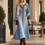 Western Chic Two Tone Contrast Trim Button Front Denim Maxi Dress