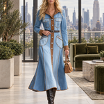 Western Chic Two Tone Contrast Trim Button Front Denim Maxi Dress