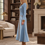 Western Chic Two Tone Contrast Trim Button Front Denim Maxi Dress