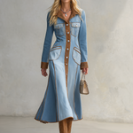 Western Chic Two Tone Contrast Trim Button Front Denim Maxi Dress