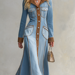 Western Chic Two Tone Contrast Trim Button Front Denim Maxi Dress