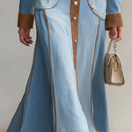 Western Chic Two Tone Contrast Trim Button Front Denim Maxi Dress