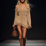 Bohemian Strapless Off-the-Shoulder Khaki Long Sleeve Mini Dress
